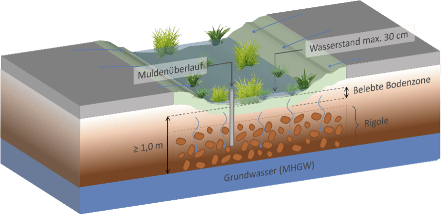 Schwammstadt Muldenversickerung mit Rigole